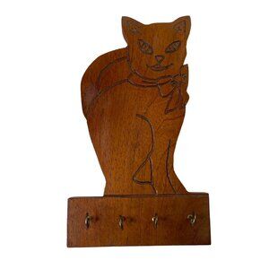 Pet Love Key Holder Wall Hanging Vintage Wood Carved Handmade Cat Feline u